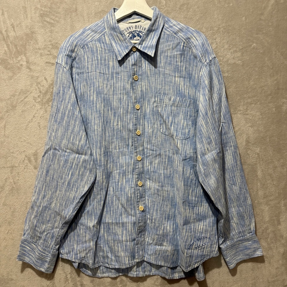 Tommy Bahama Relax Mens XL Blue White Slub Linen Long Sleeve Button Up Shirt